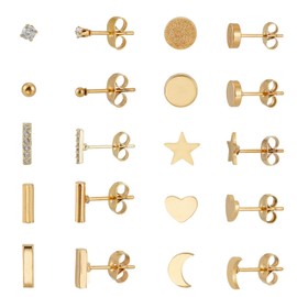 NICENEEDED 10 Pairs 18K Gold Plated CZ Stud Earrings, Stainless Steel Heart Star Hypoallergenic Stud Ear Rings, Cartilage Earrings Set with Flat Back for Multiple Piercing