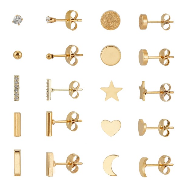 NICENEEDED 10 Pairs 18K Gold Plated CZ Stud Earrings, Stainless