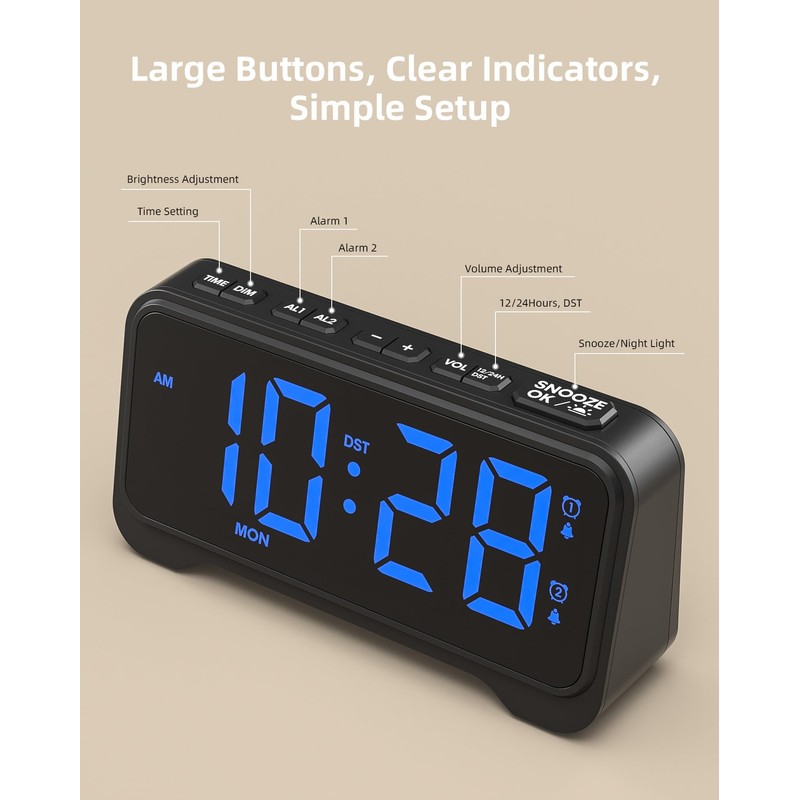 Alarm Clocks Bedside with Night Light, Digital Clock for Living