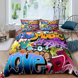 Graffiti Style Bedding Set Kids Hip Hop Theme Comforter Cover for Boys Teens Youth Illustration, Decorative Young Man Duvet Cover Street Culture 2 Pcs Single Bedding & Linen with Zipper