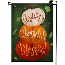 Grateful Thankful - Bandera de jardín de calabaza bendita de Acción de Gracias, 12 x 18 pulgadas, doble cara para exteriores, hojas de arce de otoño, bienvenida, pequeñas banderas de otoño, regalo de