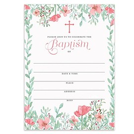 Girl Baptism Invitations with Envelopes (Pack of 25) Pink Floral Christening Invite Large 5x7" Fill in Blank Religious Celebration Baptismal Mass Reception Lunch Brunch Party Excellent Value VI0099B