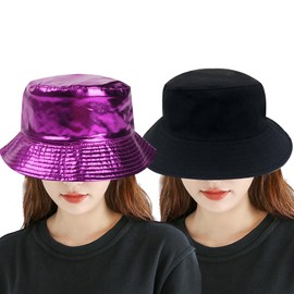 SUNTRADE Metallic Double-Side-Wear Bucket Hat, Trendy Fisherman Hats Unisex Reversible Packable Sun Cap (UK, Alpha, One Size, Black-Purple)