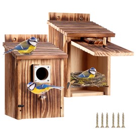 2PCS Bird Houses for Outside, Bluebird Houses with Metal Predator Guard Wooden Nesting Boxes for Outdoor Yard Garden, Hanging Birdhouse for Blue Bird,Sparrow,Chickadee