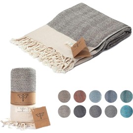 SMYRNA TURKISH COTTON Herringbone Series Throw Blanket 100% Cotton | Large 127x152cm Wearable Cosy Blanket | Made in Turkey | Machine Washable|Premium Luxury Bath Towel&Picnic Rug-Beige