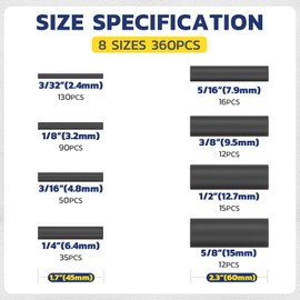 haisstronica 360PCS Heat Shrink Tubing,3:1 Ratio Adhesive Lined Marine Heat Shrink Tube Kit 8 Sizes(3/32"-5/8") Black