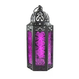 11.5" Moroccan Style Candle Lantern, Black Metal Frame, Purple Colored Glass Panels Great for Patio, Indoors/Outdoors, Events, Parties and Weddings (Purple)