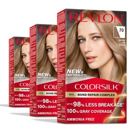 Revlon ColorSilk with Bond Repair Complex, Permanent Hair Color, 100% Gray Coverage, Ammonia Free Hair Dye, Vegan Keratin, 70 Medium Ash Blonde (Pack of 3)