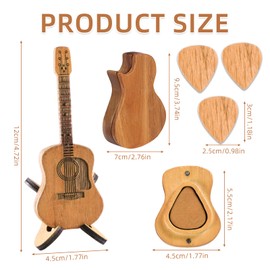 NAESM Wooden Guitar Pick Box with Stand - 6 Pcs Unique Guitar Picks, Musician Engraved Wooden Plectrum Case, Mini Guitar Shaped Guitar Pick Holder Case