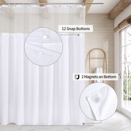 MitoVilla White Long Shower Curtain 72 x 78, Modern Waffle 78 inch Long Fabric Shower Curtain Set with Cloth Snap-in Liner & Mesh Top Window for Hotel Spa Bathroom Decor