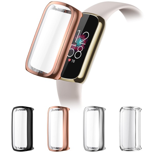 CAVN 4-Pack Screen Protector Case Compatible with Fitbit Luxe, TPU Protective Screen Cover Saver Bumper for Luxe Smartwatch Replacement Accessories (Black/Clear/Silver/Rose Gold)