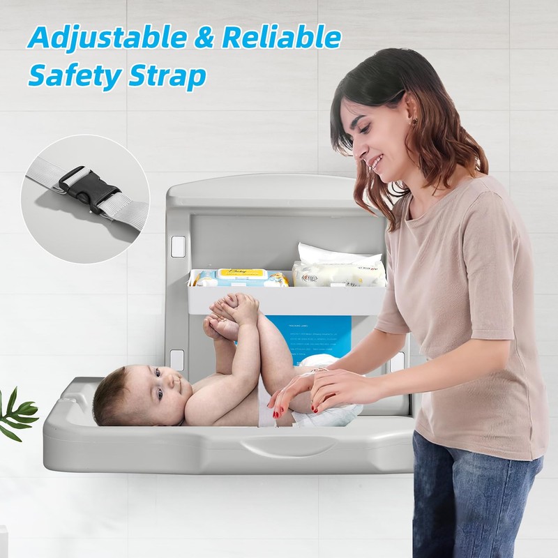 Fold-Down Baby Changing Diaper Station - Horizontal Wall Mounted, Sturdy