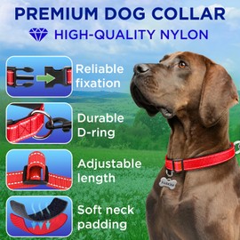 TECEUM Reflective Pet Collar – Red – M – Extra Soft Padding – Basic Nylon Dog Collar – Quick Release Buckle – Fits Small, Medium and Large Dogs, Puppies, Cats – ESA & Service Dog Options