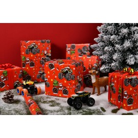 Titiweet Monster Truck Christmas Wrapping Paper - 17" x 16.4 ft - Monster Truck with Santa, Christmas Trees, Candy Canes Design for Kids
