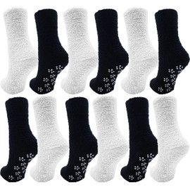 Fuzzy Socks, 12 Pairs Womens Girls, Non-Skid Gripper Bottom Warm Winter Holiday Slipper Bulk Pack