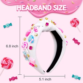 Candy Knotted Headband for Women, Lollipop Sugar Charms Rhinestone Jeweled Embellished Top Knot Wide Cute Headband for Girls, Fashion Hairband Hair Accessories Birthday Holiday Party Gift - White