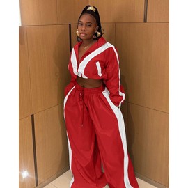 Women 2 Piece Workout Sets Zip Up Striped Windbreaker Jacket Long Pant Tracksuit Oversized Sweatsuit Fall Outfits Red M