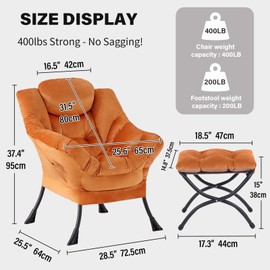 Tiita Lazy Chair with Ottoman, Orange Chair Modern Large Accent Lounge Armchair, Comfy Leisure Sofa Reading Chair with Footrest for Bedroom, Living Room, Dorm Rooms, Garden, Velvet Orange