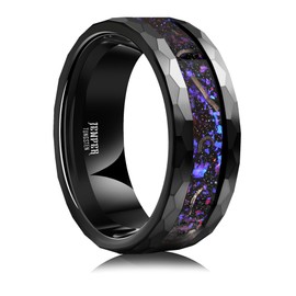 JEWPER Tungsten Rings for Men Womens 8mm Black Fashion Promise Wedding Band Hammered Groove Meteorite Orbo Carbide Beveled Polished Edge Comfort Fit, 10.5, Tungsten Metal, galaxy foil iron filings
