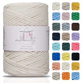 Makromecity, Cotton Macrame Cord 2mm x 195 yards (590 feet) 2mm Recycled Cotton Crochet Yarn for Macrame Art & Crafts for Wall Hangings, Bags, Underplate, Rug (25 Colors Available) (Ecru)