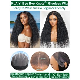 KLAIYI Water Wave Curly Bye Bye Knots Glueless Wigs Human Hair 7x5 Precut Lace Front Drawstring Wig with Baby Hair Pre Plucked Bleached Pre Everything Ready to Wear and Go Wig Beginner Friendly 22Inch