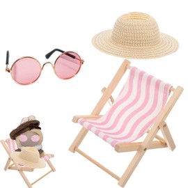 Pack of 3 Doll Accessories, Have a Seat, Doll Clothes, Pink Striped Deck Chair, Doll Car Seat, Beige Straw Hat and Pink Glasses, for Doll Fans, Ideal as a Car Decoration and Birthday Gift