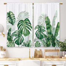 Cortinas de cocina con hojas tropicales verdes de planta de verano, cortinas cortas de café con hojas de Monstera y palmera, cortinas para ventana de baño, tratamiento de ventana con cortinas