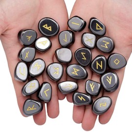 KYEYGWO Hematite Witches Runes Set, Rune Stones with Engraved Elder Futhark Runic Alphabet for Divination Meditation Healing