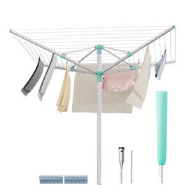 SONGMICS Umbrella Drying Rack, Retractable Outdoor Drying Rack, Height Adjustable, 164 ft Long Clothesline, Holds 5 Laundry Loads, for Garden, with Ground Spike, Cover, Silver and Green ULLR301E01
