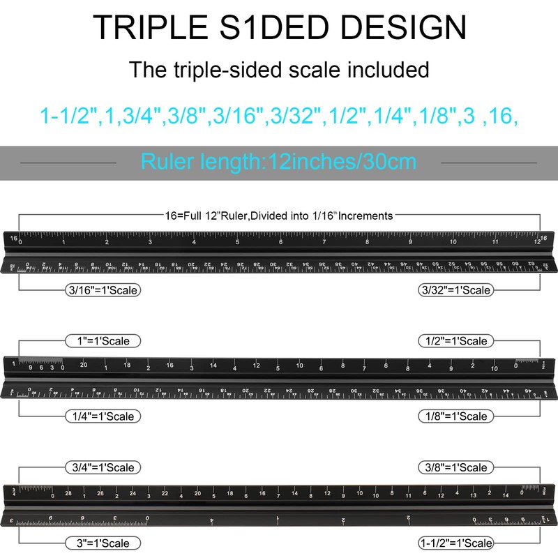Architectural Scale Ruler, 12" Aluminum Architect Scale, Triangular Scale, Scale