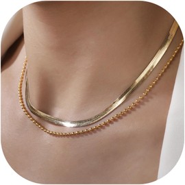 BIHYR Chunky Gold Layered Necklace for Women, 14K Gold Plated Chocker Necklace Stack, Herringbone Chain Necklaces Cuba Link Chain for, Waterproof Punk Jewelry No Tarnish