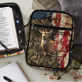 Belidome Hunting Camo Bible Cover Deer American Flag for Men Boys Women Girls Bible Case with Zipper Pockets Handle Pen Storage Book Journaling Protector Bible Tote Bag Patriotic Fourth of July Gifts