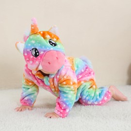 LOLANTA Toddler Rainbow Unicorn Costume Girls,Plush Hooded Romper for Baby, Multicolor, 2-2.5 Years,Tag 110