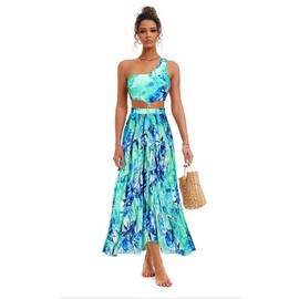 FLAXMAKER Shoulder Three-Dimensional Ruffles Colorful Flower Print Women's One Piece Swimsuit and Skirt (US, Alpha, Small, Regular, Regular, Swimsuit and Skirt Blue)