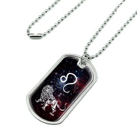 Leo Lion Zodiac Sign Horoscope in Space Military Dog Tag Pendant Necklace with Chain