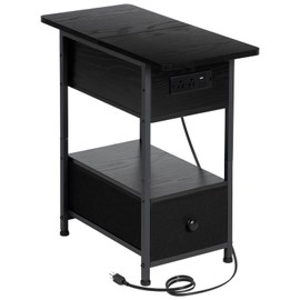 AMHANCIBLE Narrow Side Table with Charging Station, Flip Top End Table with USB Ports and Outlets, Slim Nightstand with Fabric Drawer for Living Room, Small Space, Black, HETN011BK-1