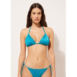 CALZEDONIA Woman's Removable Padding Triangle Swimsuit Top Shiny Satin in Light Blue, Size S