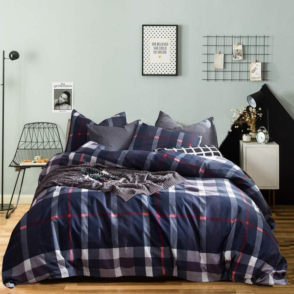 Wellboo Navy Plaid Bedding Covers Cotton Blue Men Tartan Grid Preppy Duvet Cover Twin Women Adults Dark Color Buffalo Checkered Comforter Cover Boys Scottish Grid Quilt Cover Farmhouse Bed Soft Health