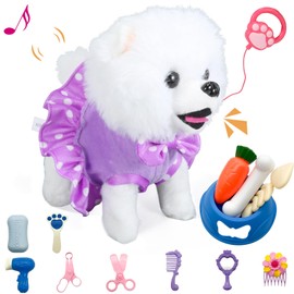 GOBRILLFUN Interactive Plush Puppy with Running, Barking and Tail Waving Function, Includes Grooming Kit, Girls and Boys, Children Aged 3, 4, 5, 6 Years (Purple White)