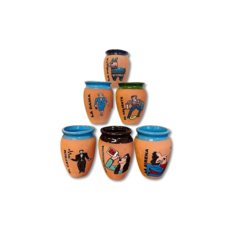 Mexgrocer Loteris Clay Cantaritos, Set of 6, Assorted Designs