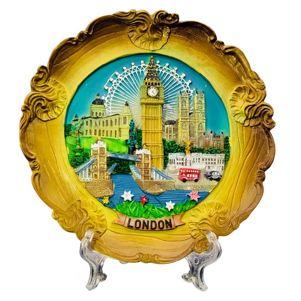 Wood Style Decorative Plate Detailing London Skyline: Big Ben, Tower Bridge and London Eye etc (Large Ornate)