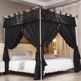 NXGIO Ruffle Lace up 4 Corners Post Princess Curtain Bed Canopy Cozy Breathable Mosquito Net Cloth for Girls Adults Bedroom Decoration (Black, 78" W*86" L*82" H/King)