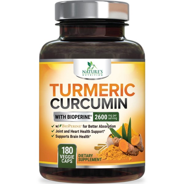 Turmeric Curcumin with BioPerine 95% Standardized Curcuminoids 2600mg - Black Pepper for Max Absorption, Natural Joint Support, Nature's Tumeric Extract, Herbal Supplement, Non-GMO - 180 Capsules