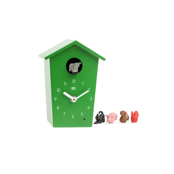 KOOKOO AnimalHouse Grün, Moderne kleine Kuckucksuhr mit 5 Bauernhoftieren, Aufnahmen aus der Natur. Hat EIN freundliches und modernes Design.