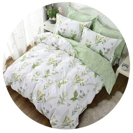 FADFAY Duvet Cover Set Full Shabby Green Daisy and Lavender Flowers 100% Cotton with Hidden Zipper Closure 3-Piece:1duvet Cover & 2pillowcases Full Size