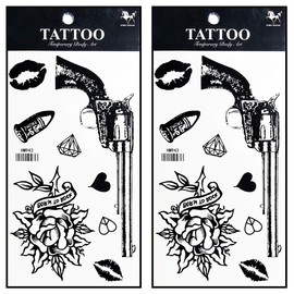 Tattoos 2 Sheets Fantasy Gun Gunshot Rose Tattoos Body Art Up Makeup Temporary Tattoos Sticker Fashion for Man Women Girls Lower Back Shoulder Neck Arm