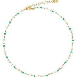 BELUCKIN Bohemia Green Beaded Choker Necklace for Women,Simple Dainty Green Square Round Beads Cubic Crystal Necklace Summer Beach Jewelry (silver)