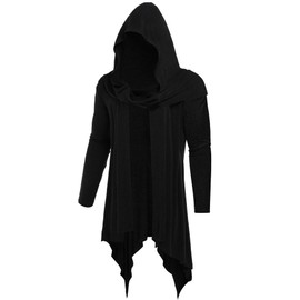 OYOZONE Men's Long Hooded Cardigan Ruffle Shawl Collar Open Front Lightweight Drape Cape with Pockets, Black, Large