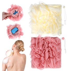 Loofah Soap Pouch, 2Pcs Shower Towel Net Bag for Body Cleansing, Skin Smooth Effective Exfoliating Bath Essentials Washcloth with Drawstring Holds Combo (Pink & Beige)