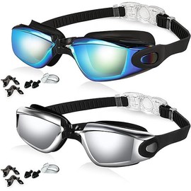 RETZLA 2 Pack Swimming Goggles for Adults & Kids - Perfect Summer Pool Swim Goggles for Women, Men, and Children (Black Gold Plated + Black Silver Plated)